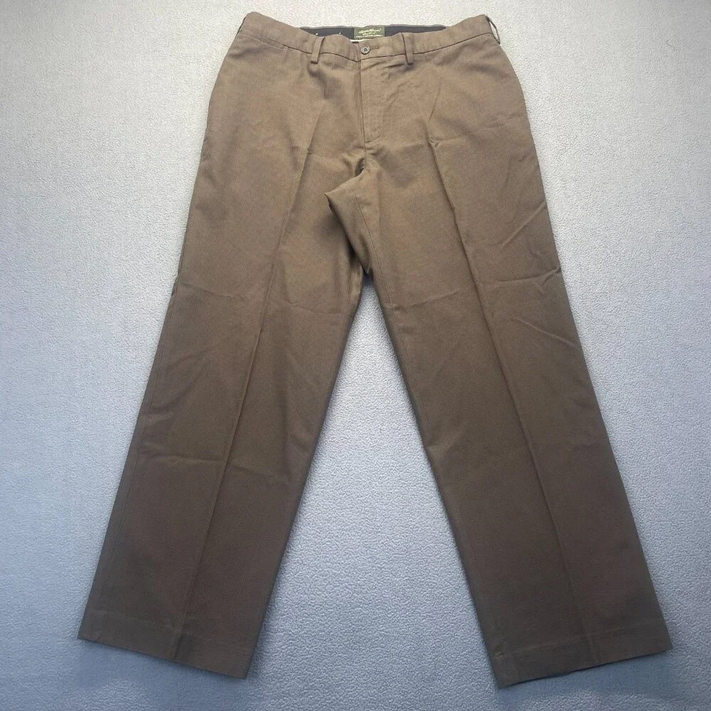 Eddie Bauer Brown Dress Pants Men's Size 38X32 Relaxed Fit,Flat Front,100% Cotto